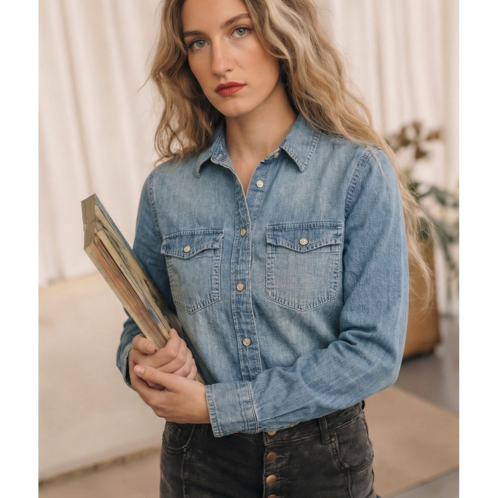 J.Crew Women's Slim Fit Denim Pearl Snap Western Rodeo Shirt Cowboy Style Sz 0